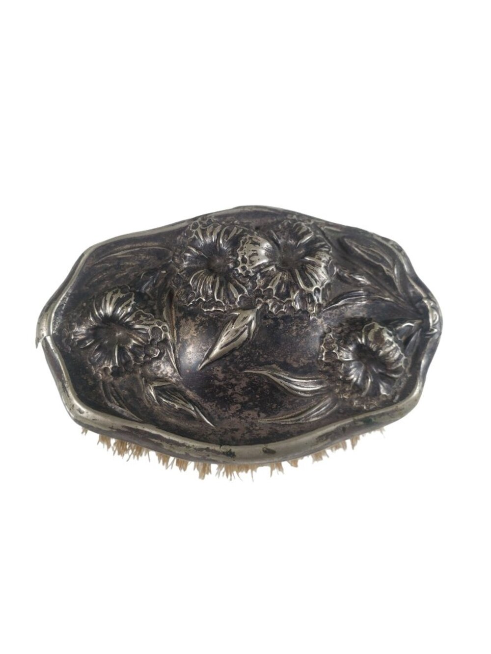 Repousse Art Nouveau Clothing Brush Silverplate Natural Bristles Vintage READ